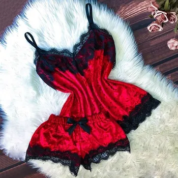Women's Pajamas Sets Summer Female Sexy V Neck Velcet Lace Ice Silk Camis Plus Shorts Sleepwear Homewear Suits 
Women's Pajamas Sets Summer Female Sexy V Neck Velcet Lace Ice Silk Camis Plus Shorts Sleepwear Homewear Suits