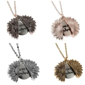 

Wholesale Women Necklace Custom You Are My Sunshine Open Locket Sunflower Double-layer Lettering Necklace Short Clavicle Chain