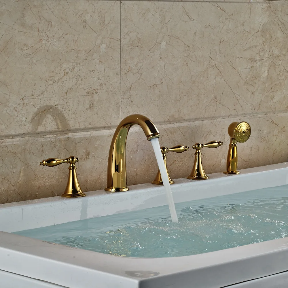 Luxury Gold Polished Brass Bathtub Faucet Widespread Roman Tap Bathroom Bath Tub Faucet with Hand Shower 
Luxury Gold Polished Brass Bathtub Faucet Widespread Roman Tap Bathroom Bath Tub Faucet with Hand Shower