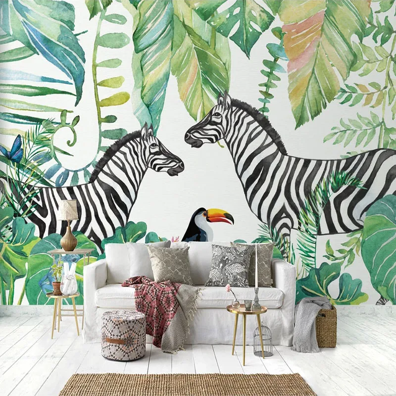 Custom Mural 3D Hand Painted Green Leaf Zebra Parrot Photo Background Wall Painting Living Room Kids Bedroom Home Wallpaper |
