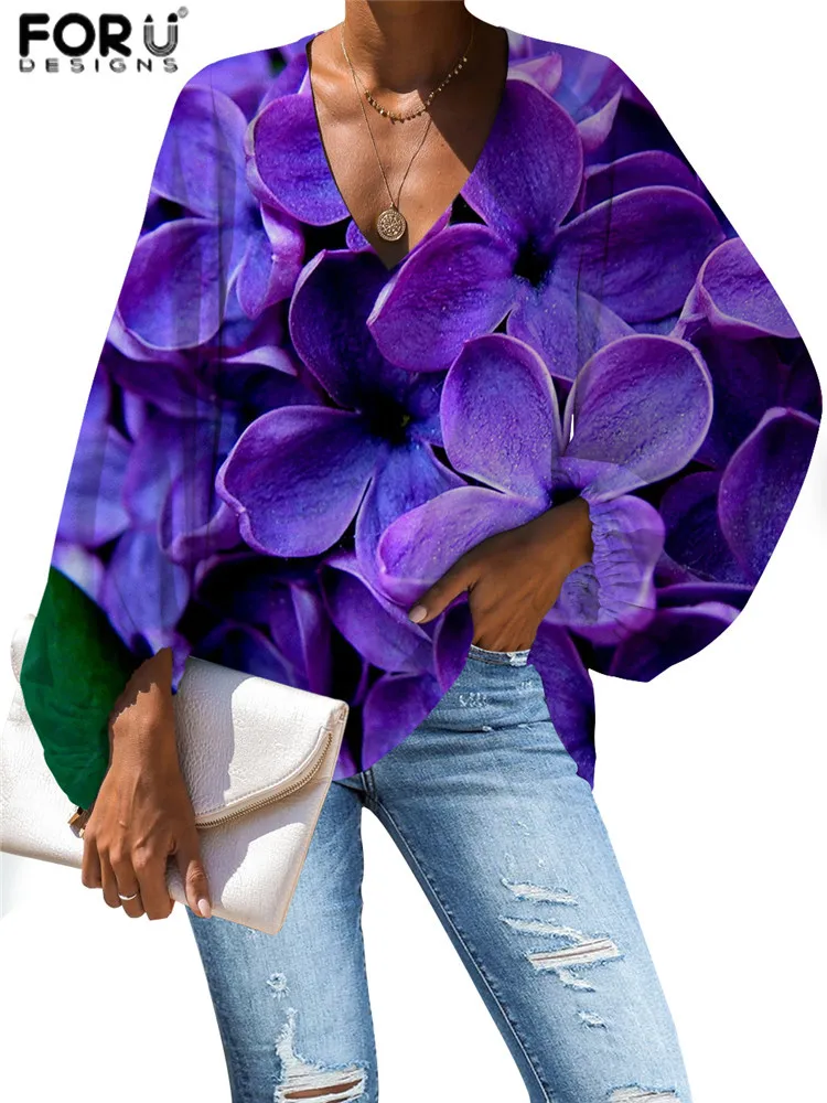 FORUDESIGNS/Большие размеры фиолетовая сиреневая блузка с 3D цветами 2019 повседневные