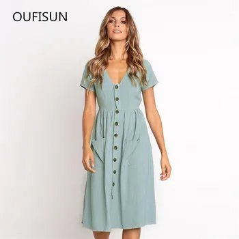 2020 Fashion Women Dress Sexy V Neck Short Sleeve Button Pockets Midi Dresses Solid Summer Women Clothing Vintage Vestidos Dress
2020 Fashion Women Dress Sexy V Neck Short Sleeve Button Pockets Midi Dresses Solid Summer Women Clothing Vintage Vestidos Dress