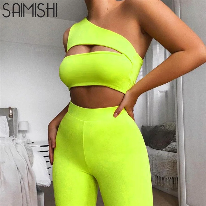 

Saimishi Women Neon Two Piece Set 2019 Summer Sexy Off Shoulder Outfits Hollow Out Crop Tops Elastic High Waist Shorts Tracksuit