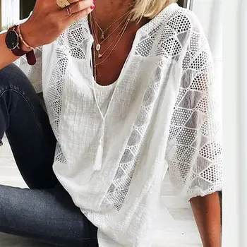 Summer Blouse Women 3/4 Sleeve Blouses for women Lace Tassel Drawstring Hollow out Blouses Plus Size Loose femme Blouses Top 
Summer Blouse Women 3/4 Sleeve Blouses for women Lace Tassel Drawstring Hollow out Blouses Plus Size Loose femme Blouses Top