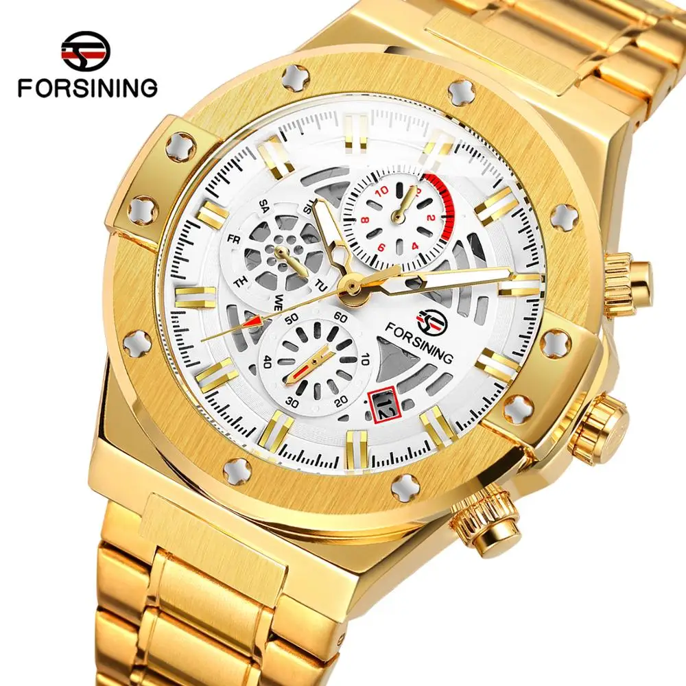 Forsining Golden Male Mechanical Watch Automatic 6 Hands Date Military Racing Sports Stainless Steel Strap Clock Erkek Kol Saati
Forsining Golden Male Mechanical Watch Automatic 6 Hands Date Military Racing Sports Stainless Steel Strap Clock Erkek Kol Saati