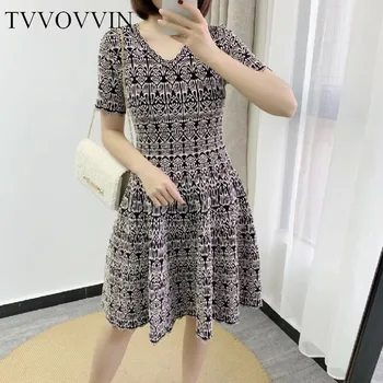 

TVVOVVIN NEW 2020 Summer Fashion Slim Micro-bomb Vintage Knitting Short Sleeve Womens Girl Female Dress Dresses N001