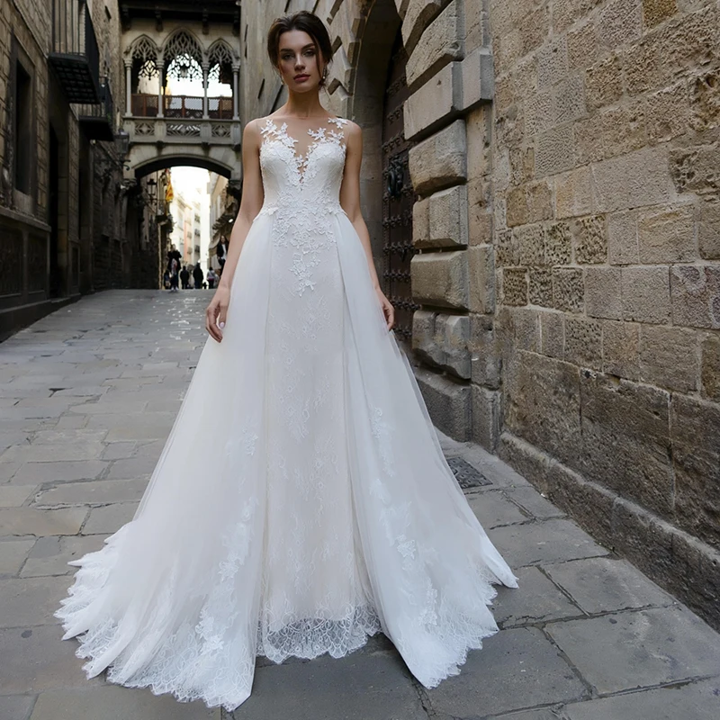 Mermaid Wedding Dresses with Detachable Train Lace Appliques Tulle Boho Bridal Gowns Button Illusion Vestidos De Noiva 2020
Mermaid Wedding Dresses with Detachable Train Lace Appliques Tulle Boho Bridal Gowns Button Illusion Vestidos De Noiva 2020