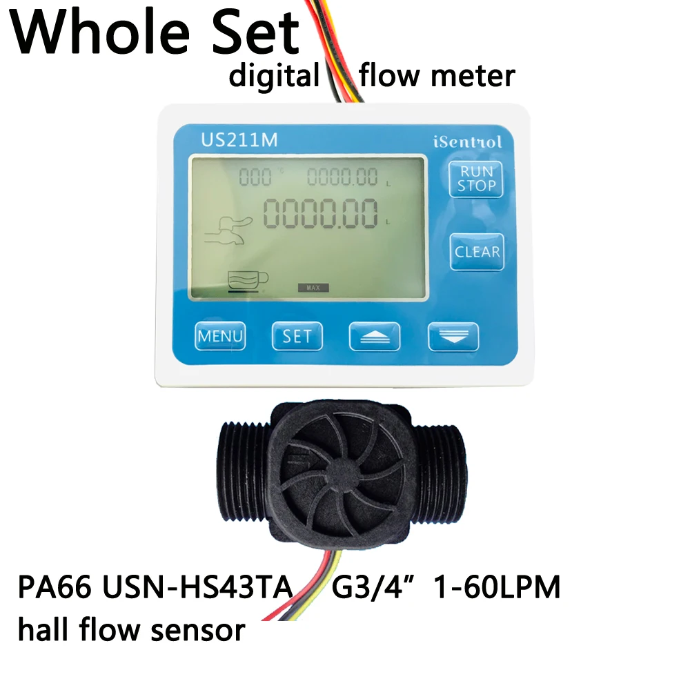 

US211M Digital Flow Meter and USN-HS43TA G3/4" Totalizer Flow Measurement with Nylon Water Flow Sensor Turbine Flowmeter iSentro