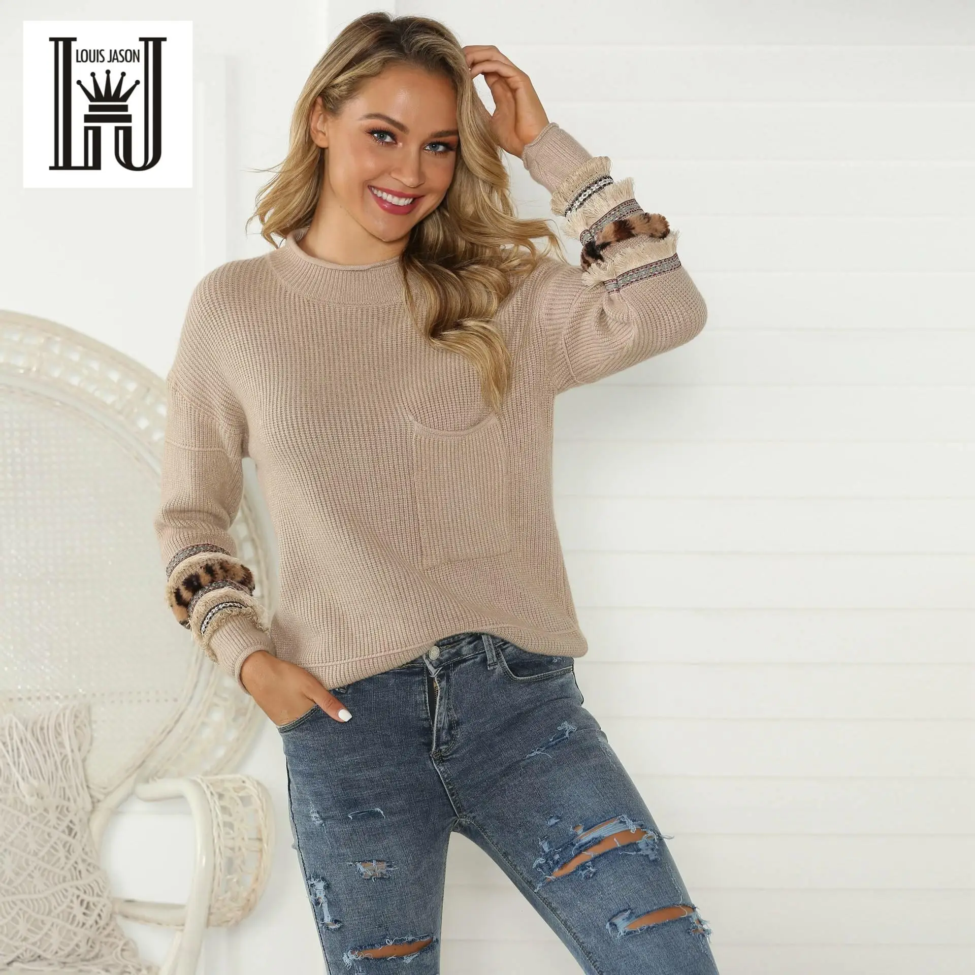 LOUIS JASON Women's Sweater Leisure Solid-colored Pullover Round Collar Lace Sleeve Pocket Women's Sleeve Knitted Sweater Jumper
LOUIS JASON Women's Sweater Leisure Solid-colored Pullover Round Collar Lace Sleeve Pocket Women's Sleeve Knitted Sweater Jumper