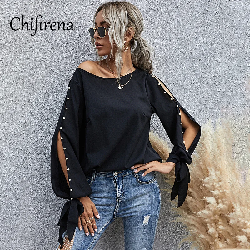 Chifirena Fashion Pearl Decoration Black T Shirt Women O Neck Autumn Hollow Out Long Sleeve Tops Bow Tie Cuff Sexy Pullovers Tee
Chifirena Fashion Pearl Decoration Black T Shirt Women O Neck Autumn Hollow Out Long Sleeve Tops Bow Tie Cuff Sexy Pullovers Tee