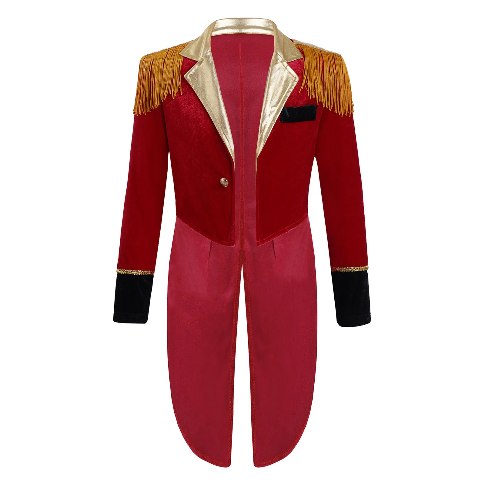 

Red Kids Boys Circus Ringmaster Costume Long Sleeves Tassels Adorned Dip Hem Coat Christmas Performance Carnival Cosplay Outfit