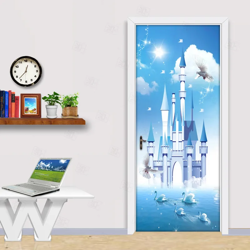 Blue-Sky-White-Clouds-Swan-Lake-Blue-Castle-3D-Children-Room-Bedroom-Door-Decoration-Sticker-Self (3)