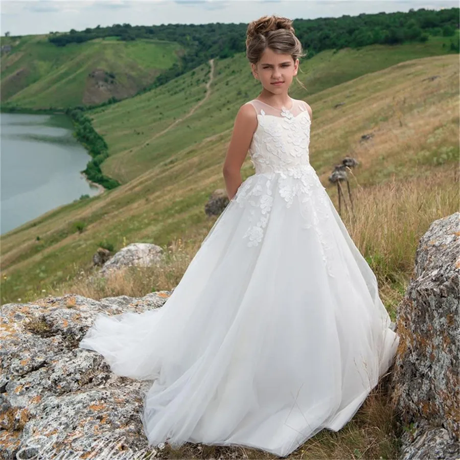 Фото Белое платье с цветочной аппликацией для девочек платья на день рождения и