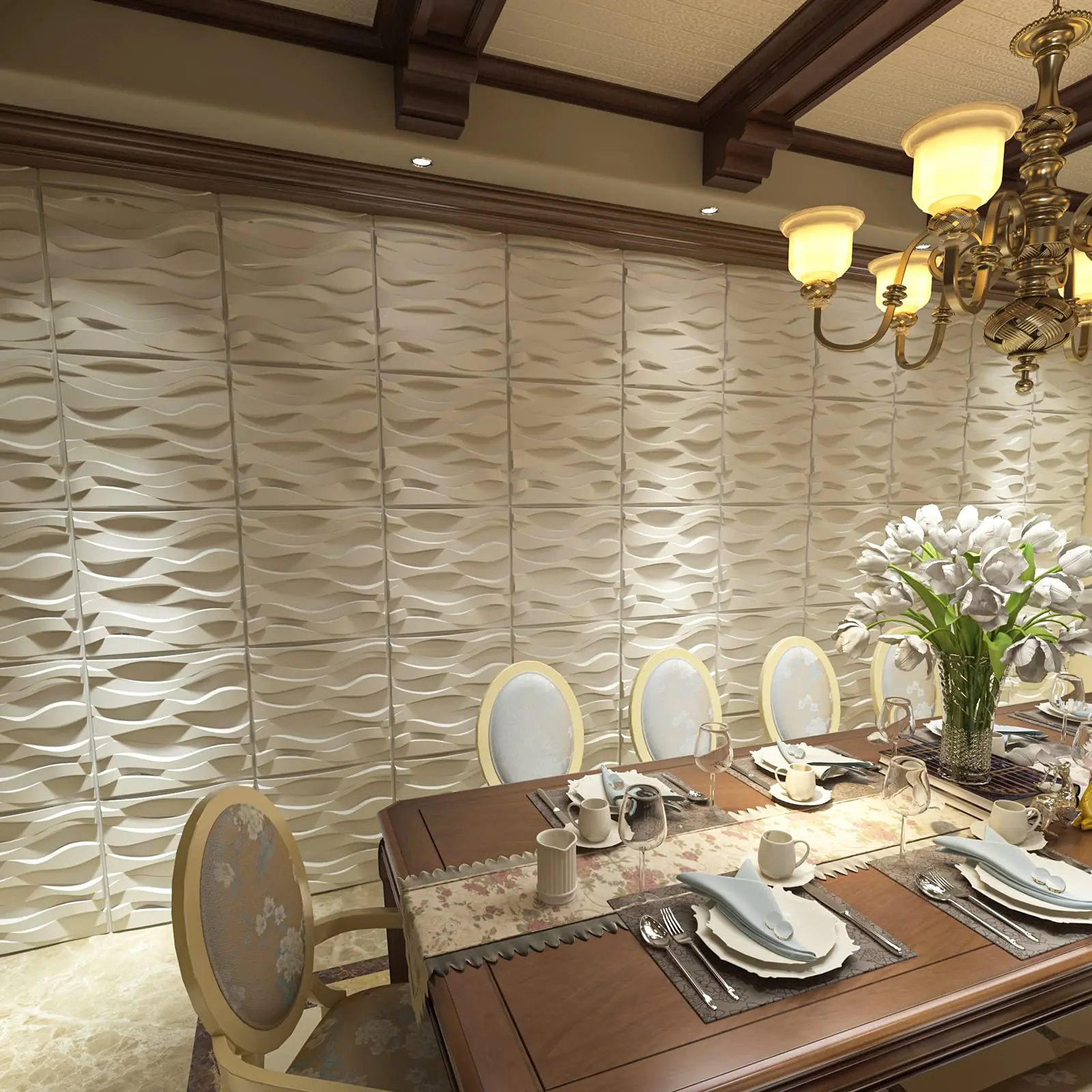 

50x50cm Matt White Plastic Decorative 3D Wall Panels Wavy Wall Design for Living Room Bedroom TV Background Pack of 12 Tiles
