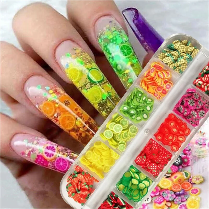 

12 Grids 3D Fruit Flower Nail Flakes Summer Orange Watermelon Strawberry Mixed Design DIY Clay Tiny Slices Nail Art Decorations