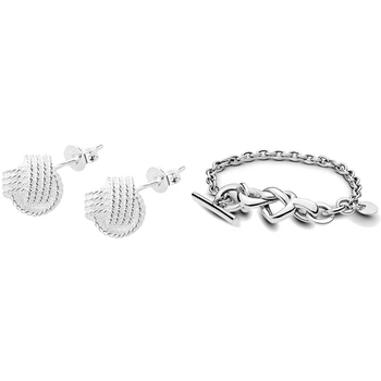 

1 Pair Stud Earrings Silver Plated Twisted Braided & 1x Bracelet Knotted Heart Heart-Embellished T-Clasp Bracelet 16cm
