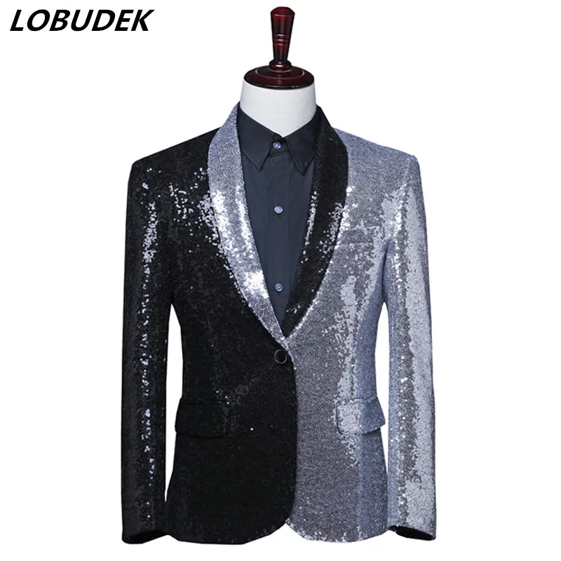 

Sequins Tuxedo Blazer Men's Black Silver Splicing Shawl Collar Suit Jacket Evening Party Stage Singer Host Performance Slim Coat