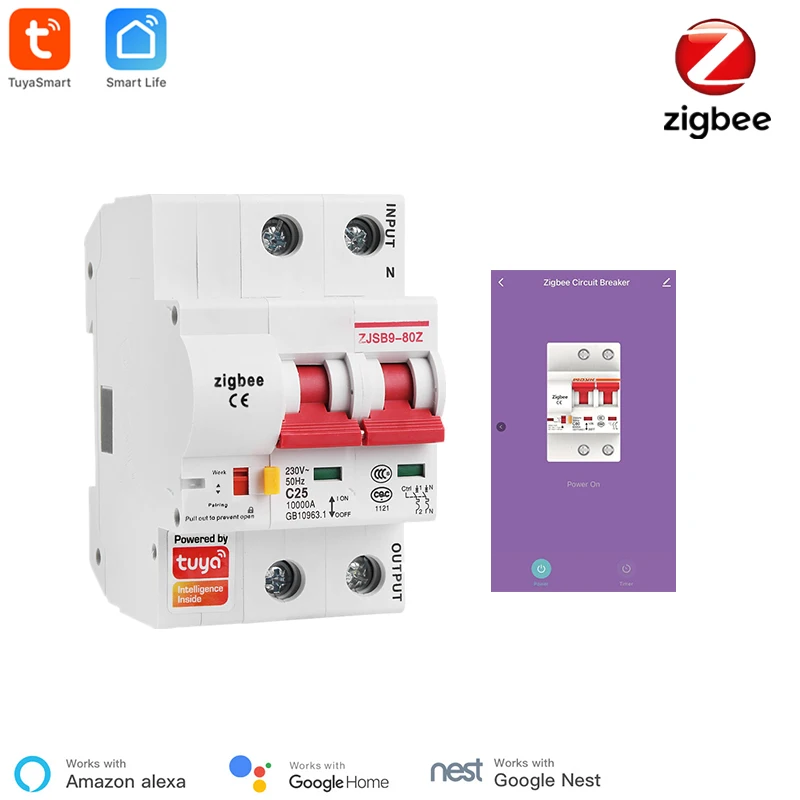 

Smart Zigbee Circuit Breaker 2P Automatic Switch Overload ShortCircuit Protection SmartThings Alexa Google Compatible Zigbee MCB