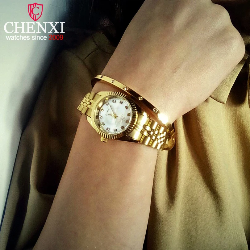 Роскошные женские часы CHENXI модные кварцевые для женщин золотые наручные из