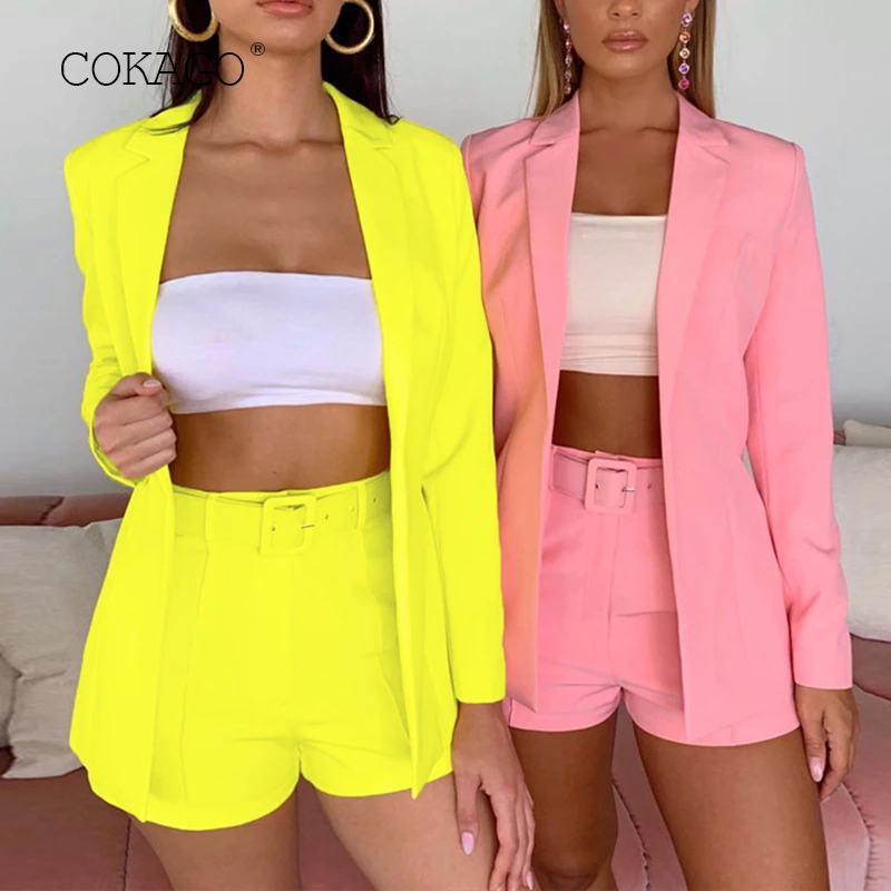 COKAGO Neon Green/pink Sexy 2 Piece Set Women Jacket And Shorts With Belt Women's Suit 2019 Two Piece Club Outfits Matching Sets 
COKAGO Neon Green/pink Sexy 2 Piece Set Women Jacket And Shorts With Belt Women's Suit 2019 Two Piece Club Outfits Matching Sets