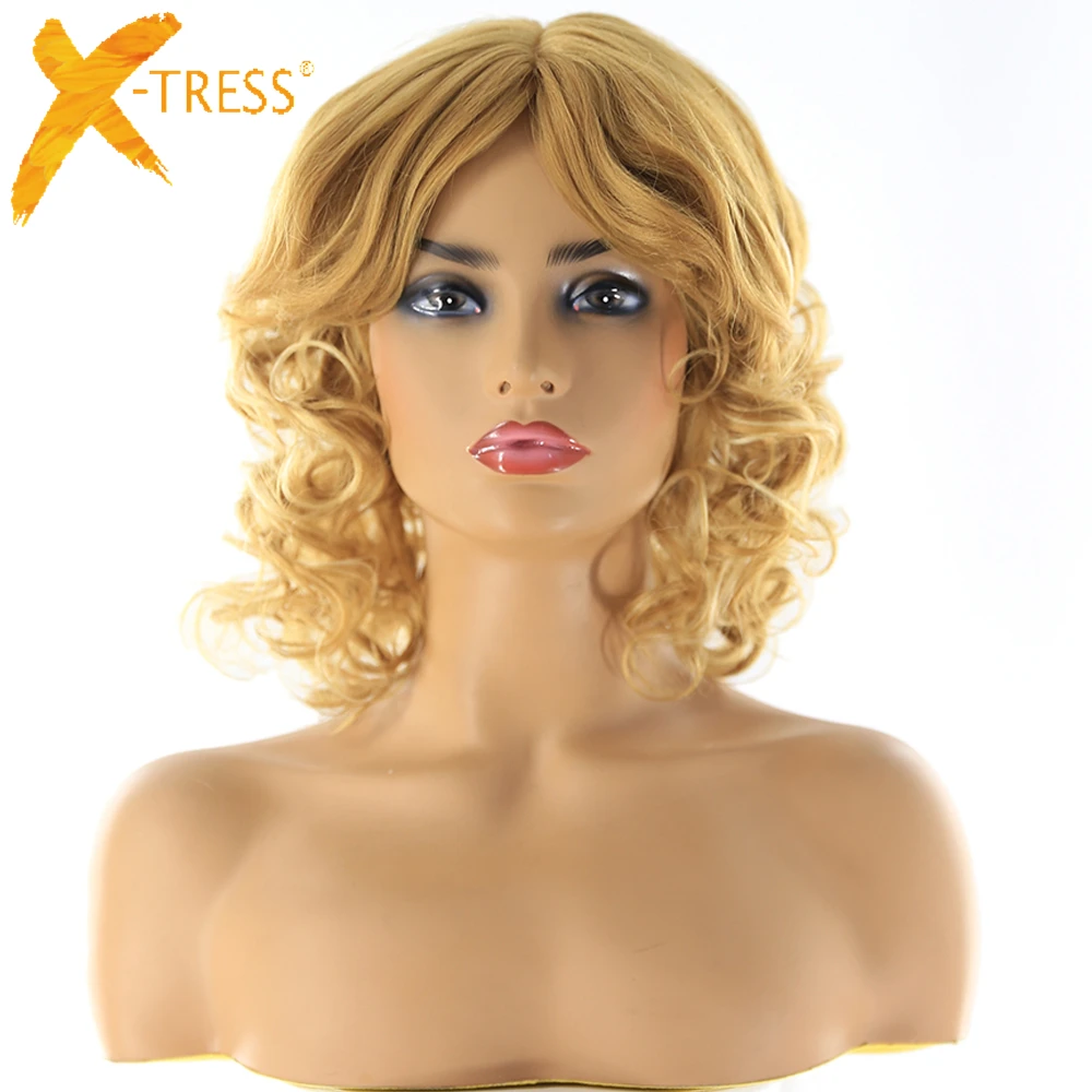 

Afro Kinky Curly Synthetic Hair Wigs With Bangs Side Part Heat Resistant Fiber Hair Blonde Brown 14inch Short Bob Wig For Women