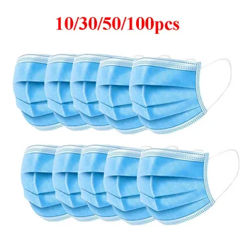 

10/30/50/100pcs Blue Prevent Bacteria Mouth face Mask Disposable Non-Woven 3-layer Filter Unisex Anti-dust Mouth Nose Proof Mask