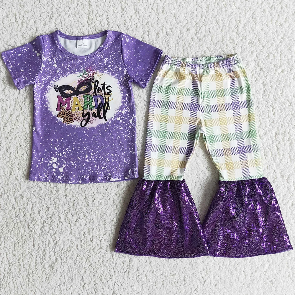 

Mardi Gras Fashion Baby Girls Clothes Sequins Bell Bottom Outfits Boutique Kids Clothes Girls Sets Wholesale Children Clothing