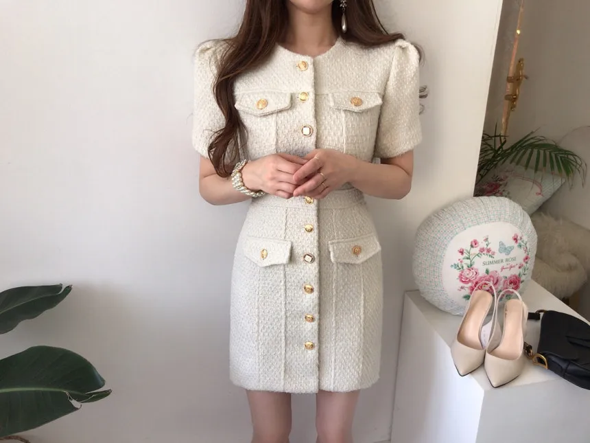 FREE SHIPPING Short Sleeve Mini Dress Autumn Elegant Single Breasted Tweed Puff JKP5935