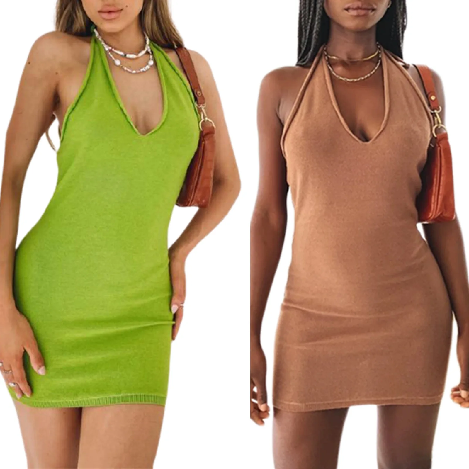 

2021 Women Beach Dress, Neck-Hanging Sling Sleeveless Deep V Collar Wrapped Slimming Summer Backless Midi