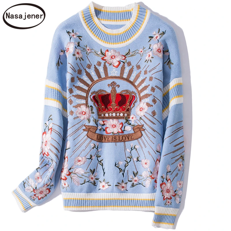 Runway luxury Winter Knitting Pullovers Women's High Quality Floral Crown Embroidery Casual Loose Blue Sweater
Runway luxury Winter Knitting Pullovers Women's High Quality Floral Crown Embroidery Casual Loose Blue Sweater
