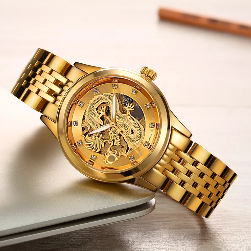 Mens Gold Dragon Automatic original Mechanical movement High-end stainless Steel belt Business 30 meters Waterproof wrist Watch
Mens Gold Dragon Automatic original Mechanical movement High-end stainless Steel belt Business 30 meters Waterproof wrist Watch