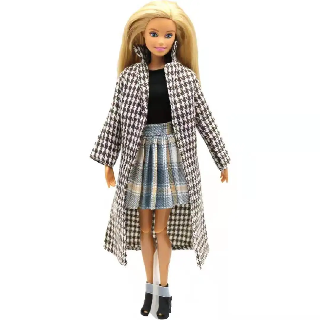 

Fashion 11.5" Doll Outfits for Barbie Clothes Dark Brown Winter Jacket Houndstooth Plaid Parka Long Coat 1/6 BJD Accessories Toy