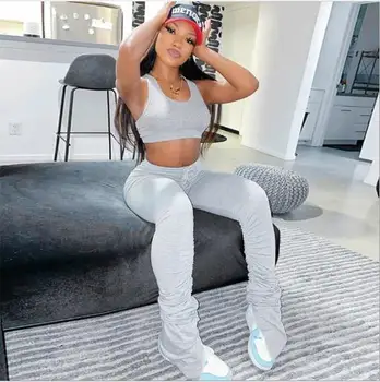 Tank Top And Stacked Pants 2 Piece Set Women Casual Sportswear Sleeveless Tracksuits Fashion Workout Grey Matching Sets women 
Tank Top And Stacked Pants 2 Piece Set Women Casual Sportswear Sleeveless Tracksuits Fashion Workout Grey Matching Sets women