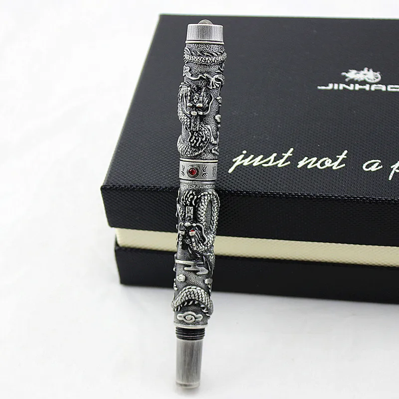 

Jinhao Vintage Luxurious Rollerball Pen Double Dragon Playing Pearl, Ancient Gray Metal Carving Embossing Heavy Pen Collection
