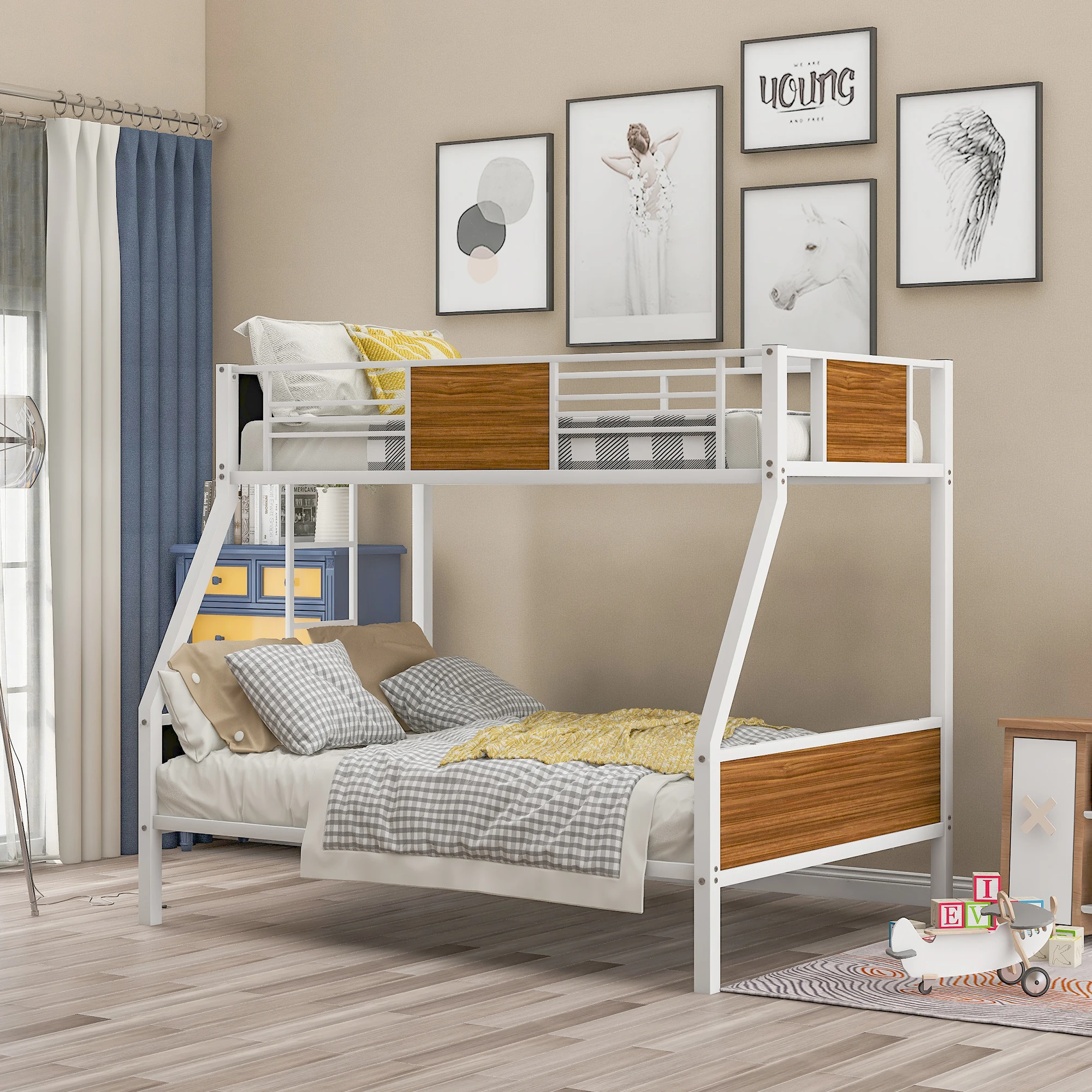 Twin-over-full bunk bed modern style steel frame bunk bed with safety rail, built-in ladder for bedroom, dorm, boys,girls,adults
Twin-over-full bunk bed modern style steel frame bunk bed with safety rail, built-in ladder for bedroom, dorm, boys,girls,adults
