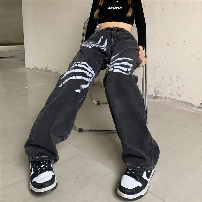 

Dark Goth Lady Skeleton Palm Print Cool Hipster Denim Pant Black Gothic Women Punk Long Jeans Harajuku Street Button Fly Pants