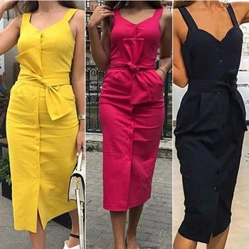 Summer Women Dress Spaghetti Strape Cardigan Sleeveless Slim Solid Color Knee Length Dress Women Button Belt Dress Vestidos
Summer Women Dress Spaghetti Strape Cardigan Sleeveless Slim Solid Color Knee Length Dress Women Button Belt Dress Vestidos