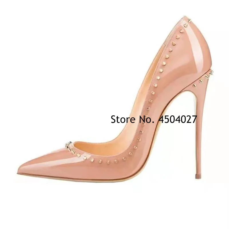 Nude Black Patent Leather Stiletto Heels Rivets Pointed Toe Studded Wedding Shoes Spikes Dress Pumps
Nude Black Patent Leather Stiletto Heels Rivets Pointed Toe Studded Wedding Shoes Spikes Dress Pumps