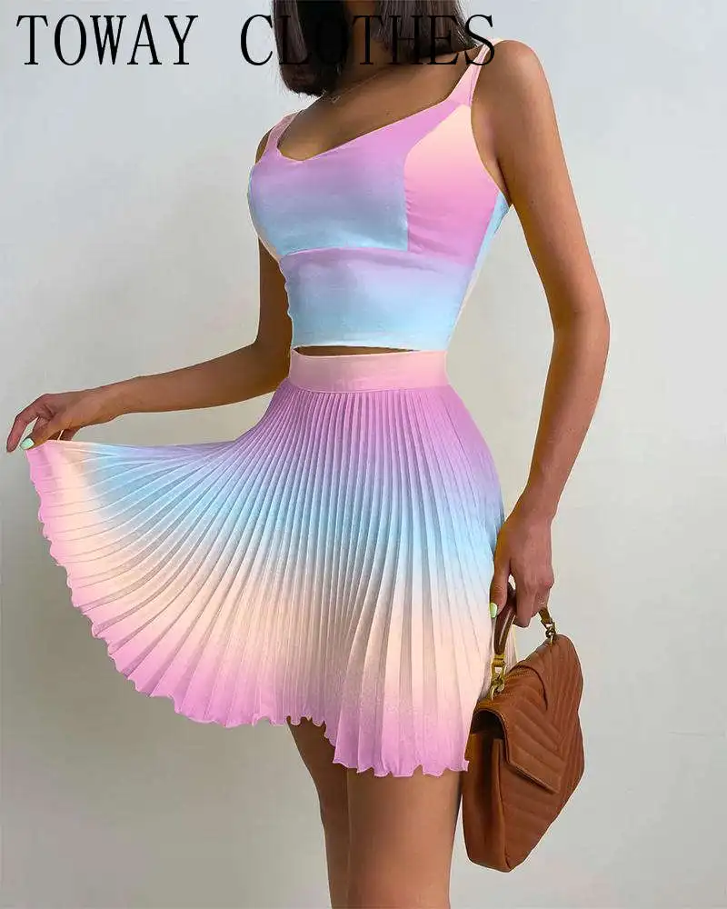 

Women Summer Tie Dry Print Ombre Tank Top & Pleated Skirt Set Square Neck Cami Crop Top & Pleated Skirt Sets