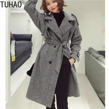 TUHAO Winter Trench Coat Woolen Houndstooth Long Coats Woman Slim Office Lady High Waist Windbreaker Outerwear with Sashes TD199 
TUHAO Winter Trench Coat Woolen Houndstooth Long Coats Woman Slim Office Lady High Waist Windbreaker Outerwear with Sashes TD199