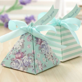 

20pcs European Triangular Pyramid Light blue Floral Wedding Favors Candy Boxes Party Return Present Gifts Box + Ribbons + Tags