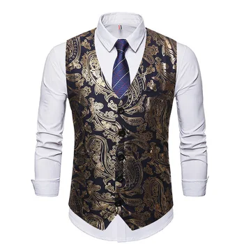 

Wedding Tuxedo Dress Vest Steampunk Suit Vest Men Shiny Bronzing Paisley Flower Chaleco Hombre Slim Fit Sleeveless Waistcoat Men