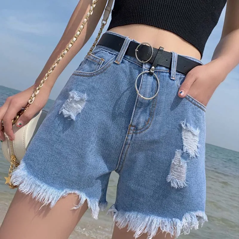 

2020 New Summer Korean Denim Sexy Shorts Jeans High Waisted fur-lined leg-openings Booty Shorts Hole Rave Ripped Plus Size Short