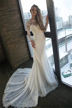 Scoop Neck Long Sleeves Mermaid Wedding Dresses V-Shape Back Chiffon Bridal Gowns Appliques Lace Spring Fashion Custom Plus Size
Scoop Neck Long Sleeves Mermaid Wedding Dresses V-Shape Back Chiffon Bridal Gowns Appliques Lace Spring Fashion Custom Plus Size