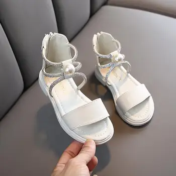 

Girls Sandals Summer Shoes Cute Roman Shoes Pink Whith Pearl Beading Open-toe Kids Girls Beach Sandals Kids Shoes Zip