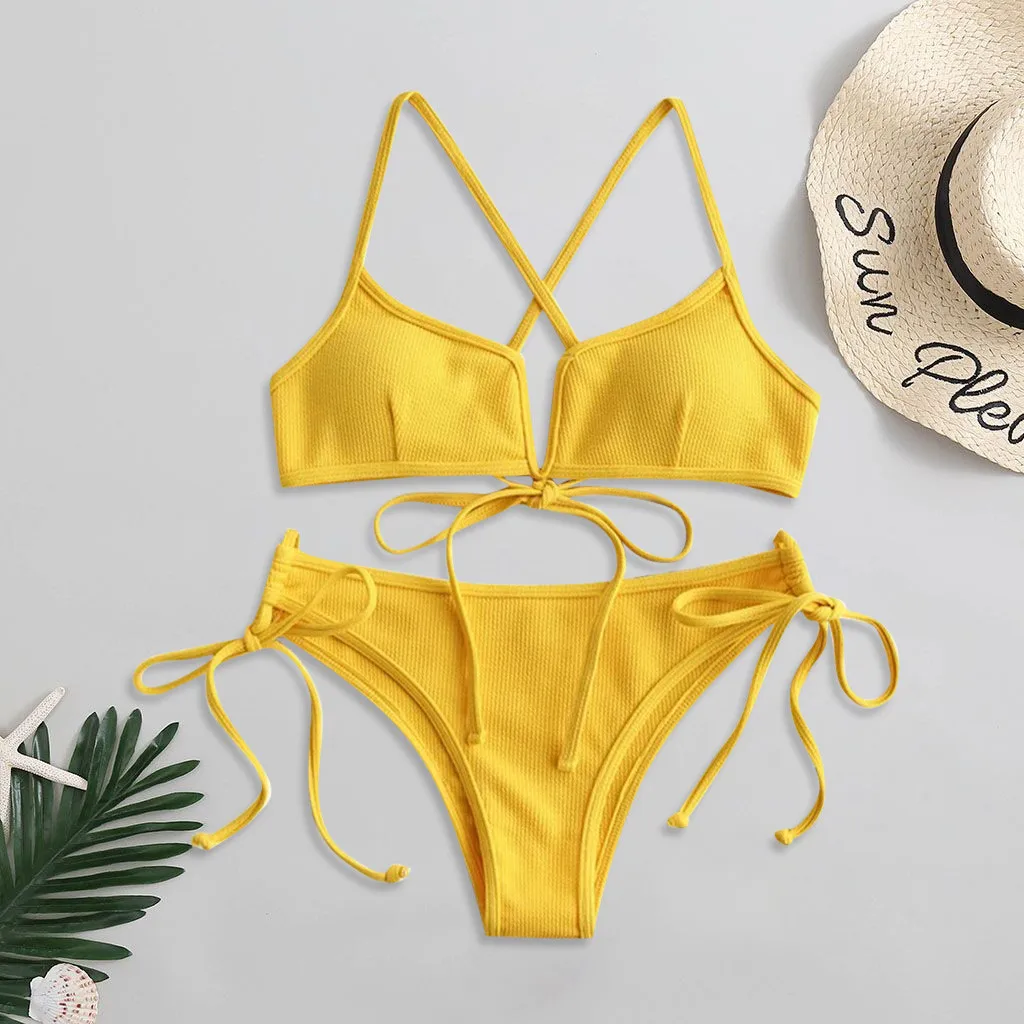 Women Sexy Solid Color Bikini High Cut V Neck Two Pieces Bandage Swimwear Tempting Brief Swimsuit Holiday Beachwear |