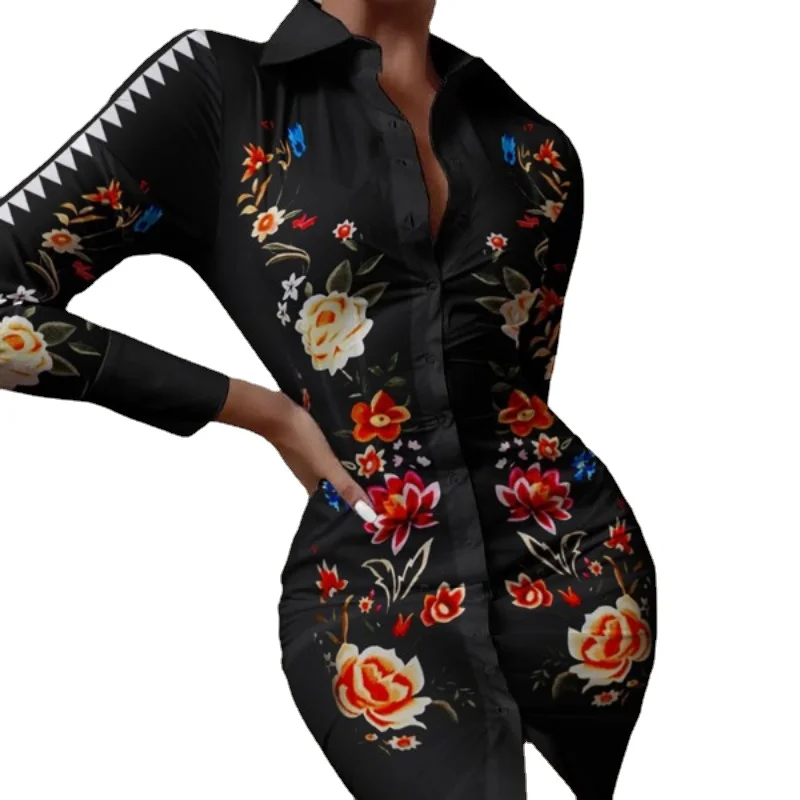 

2021 Printed Long Sleeve Shirt Dress Women's V-neck Spring and Autumn Sexy Ladies Commuter Casual Tight Party Dress Midi