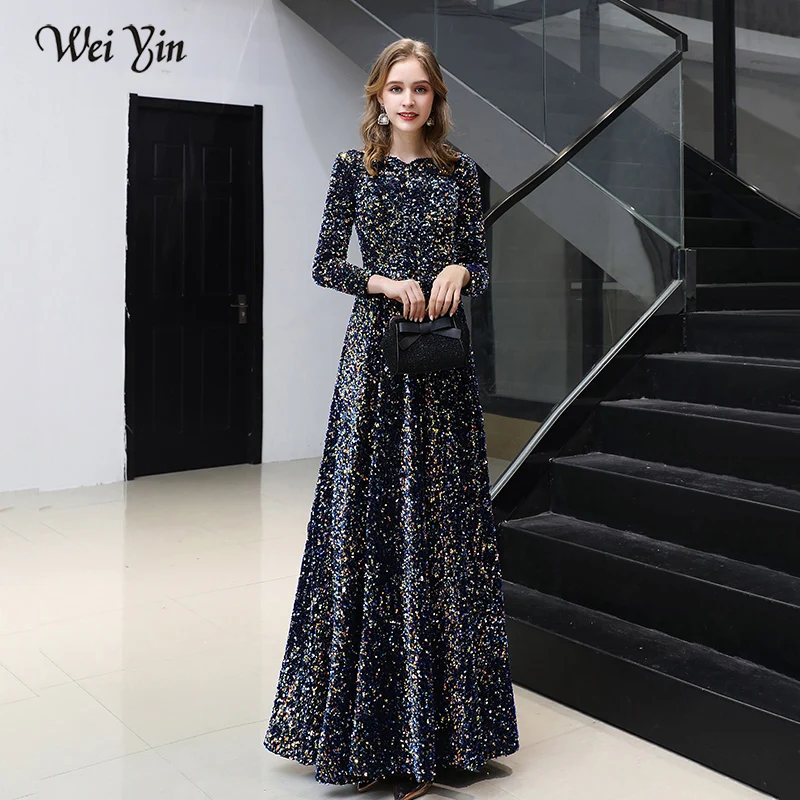 

Weiyin AE0692 Arabic Muslim Long Sleeves Prom Dresses Elegant Floor-length Sequin Women Formal Gowns For Evening Party Dress