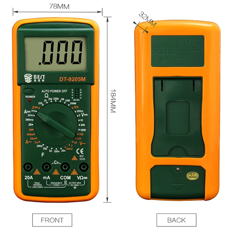 BST 9205M Handheld Professional Auto Range Digital Multimeter, Standard AC DC Voltage Current Capacitance Pocket Tester 
BST 9205M Handheld Professional Auto Range Digital Multimeter, Standard AC DC Voltage Current Capacitance Pocket Tester