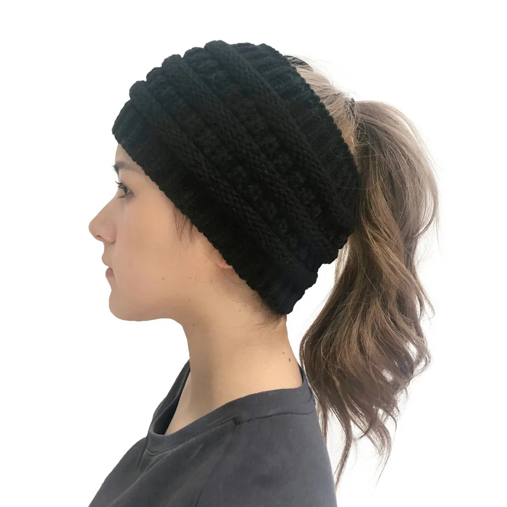 Фото Women Fashion Outdoor Solid Color Splice Hats Crochet Knit Holey Beanie Caps New Ladies Autumn Warm Headband Empty Top #P2 | Аксессуары